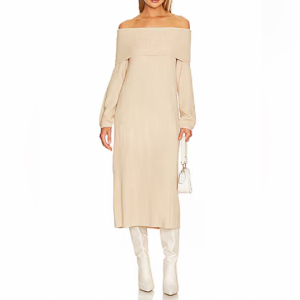 NWT WhoWoreWhat Off the Shoulder Cable Knot Long Sleeve Sweater Dress in Beige